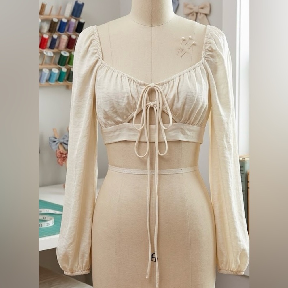 PrettyLittleThing Cream Long Sleeve Tie Front Crop Top